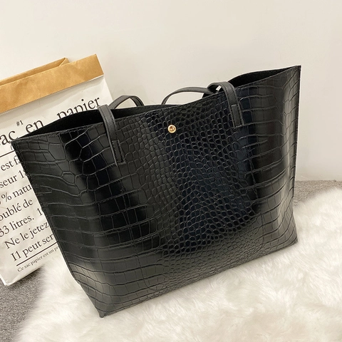 Women Crocodile Pattern Large Capacity Tote Bag PU Leather Shoulder Bag Casual Travel Handbag Magnetic Closure