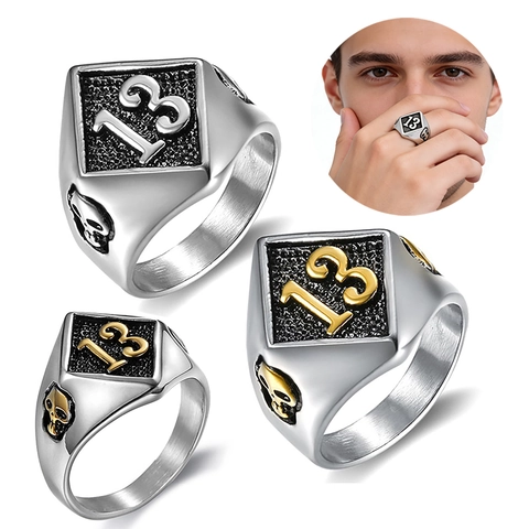 Punk Biker Signet Ring Stainless Steel Number 13 Skull Relief Gothic Vintage Men Jewelry