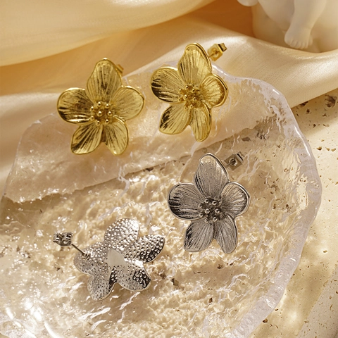 Orecchini A Lobo Con Petali Vintage Francesi Acciaio Al Titanio Spazzolato Forma Di Fiore Gioielli Per Donna Eleganti