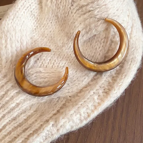 Vintage Hars C-Vormige Hoop Oorbellen Met Zilveren Oorsteker Amber Schildpad Patroon Retro Minimalistisch Voor Dames