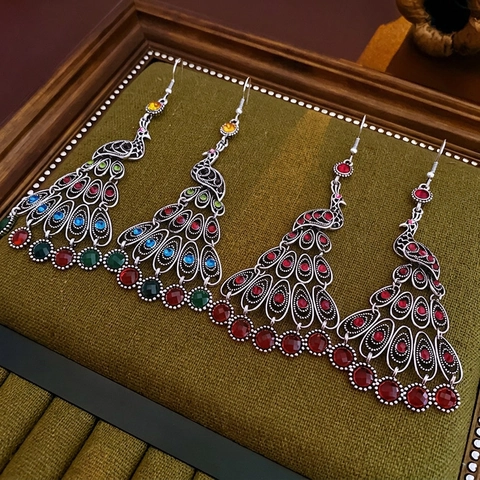 Orecchini Pendenti Pavone Vintage Lega Strass Colorati Stile Etnico Per Donna Con Perno In Argento Sterling 925