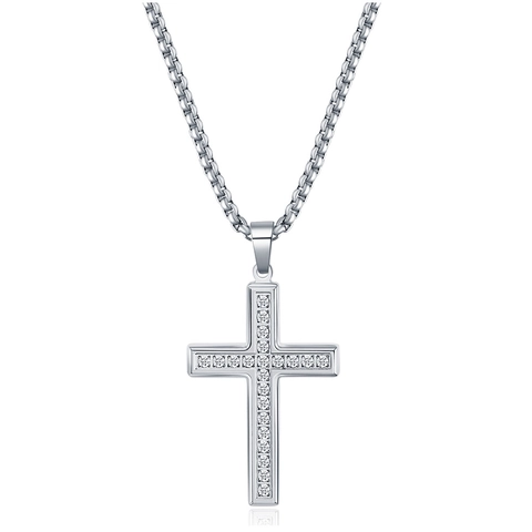 Cross Pendant Necklace 304 Stainless Steel Rhinestone Inlaid Box Chain Trendy Simple Jewelry Unisex Hip Hop