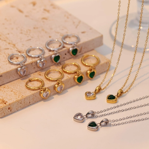 Herz Anhänger Halskette Und Ohrringe Edelstahl Vintage Zirkon Elegant Smaragdgrün Schmuck Für Damen