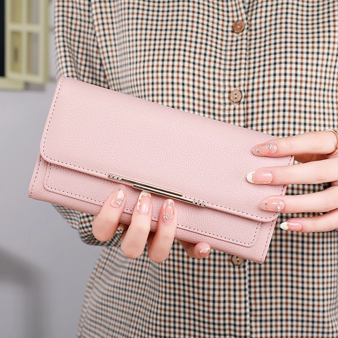 Portafoglio Lungo Da Donna Pelle PU Grana Litchi Pochette Tre Ante Grande Capacità Scomparti Per Carte Barra Metallo Strass