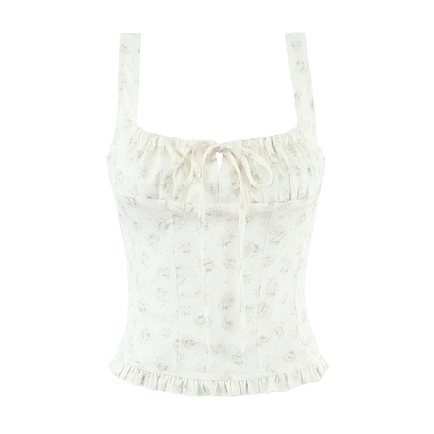 Französischer Stil Geblümtes Camisole Tank Top Mit Eckigem Ausschnitt Und Rüschensaum Sowie Kordelzug Für Damen