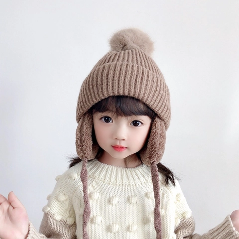 Kinder Winter Warm Strickmütze Mit Ohrenklappen Bommel Fleece Gefüttert Ohrenschutz Beanie Mütze Für Jungen Mädchen Kleinkind