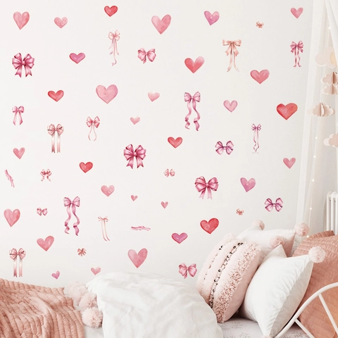 Pink Bow Ribbon Heart Wall Stickers PVC Self Adhesive Romantic Watercolor Window Decals For Valentine Wedding Decor