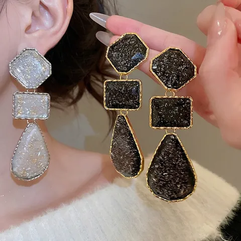 Orecchini Pendenti Geometrici Vintage In Resina Con Scaglie D'oro E Perno In Argento Sterling 925 Lega Donna