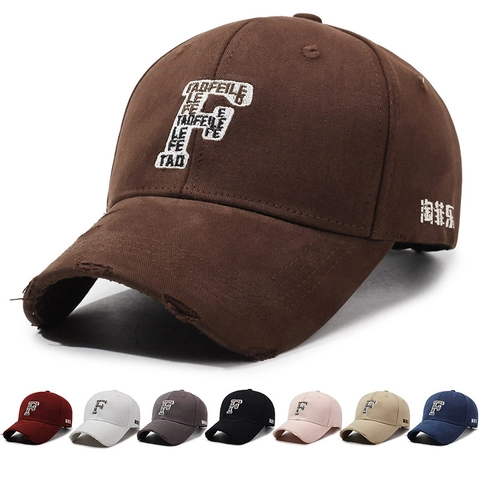 Casquette De Baseball En Coton Unisexe Bord Déchiré Usé Lettre F Brodée Rétro Ajustable Protection Solaire Streetwear