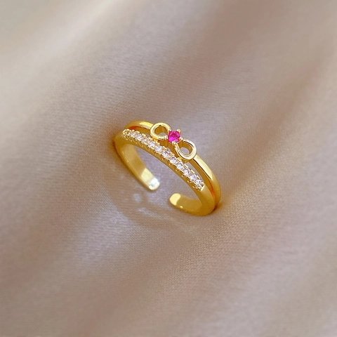 Verstellbarer Schleifenring Messing Vergoldet Roter Weißer Zirkon Lagiges Design Eleganter Modeschmuck Für Frauen