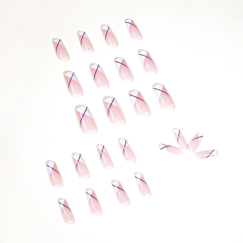 Faux Ongles À Presser Coffin Longs Pointes Françaises Blanches Base Nude Avec Lignes Géométriques Bleues Ongles Réutilisables
