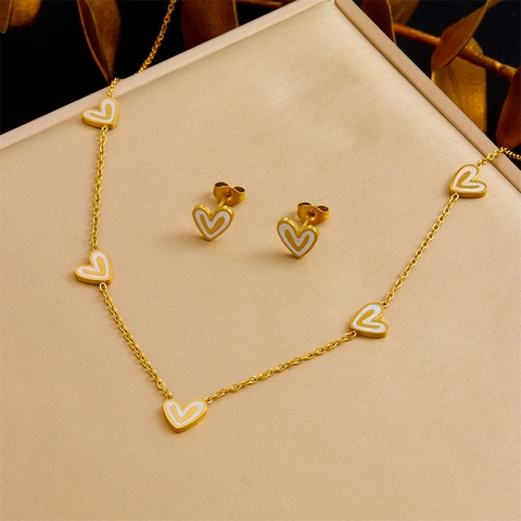 Herz Halskette Armband Und Ohrringe Schmuckset Edelstahl Vergoldet Weißmuschel Inlay Eleganter Modeschmuck Für Damen