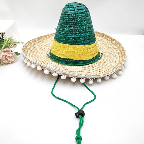 Cappello di Paglia Messicano Sombrero Con Pompon Bianchi Tesa Larga Paglia di Grano Cappello da Festa in Costume Per Cinco De Mayo