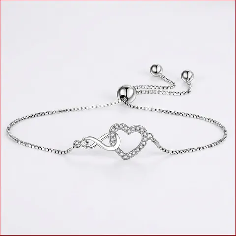 Elegante Pulsera Ajustable de Cobre Circonia Corazón Símbolo Infinito Color Plata Cadena de Caja Joyería de Moda Mujer