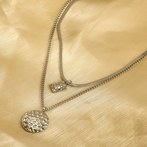 Collar De Capas De Acero Inoxidable Con Colgantes Geométricos Redondos Martillados Y Cuadrados A Cuadros Mujer