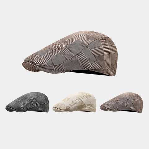 Retro Plaid Flat Cap Cotton Checkered Newsboy Hat With Leaf Embroidery Vintage British Style For Men And Women Adjustable