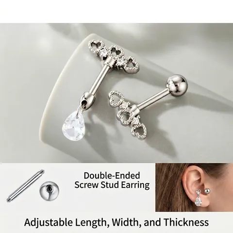 Boucle Oreille Cartilage Cœur Évidé Acier Titane Cuivre Zircon Pendentif Goutte Eau Vis Piercing Bijoux Pour Femme