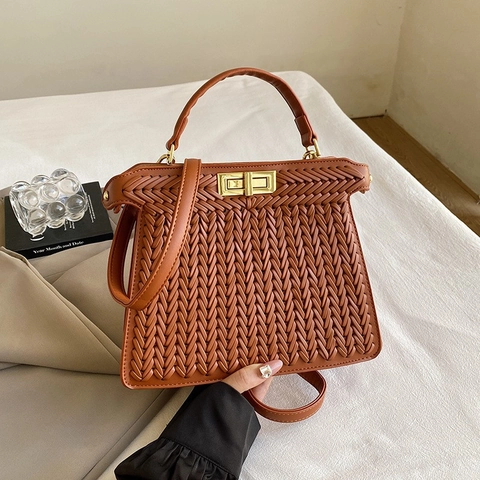 Woven PU Leather Handbag With Golden Lock Top Handle Shoulder Crossbody Bag For Women Versatile High-end Style