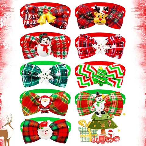 Christmas Pet Bow Tie Polyester Plaid Adjustable Necktie With Cartoon Resin Ornament For Small Medium Dogs Cats Holiday Party