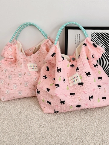 Women Handbag Tote Seersucker Cute Animal Floral Print Shoulder Bag With Rope Handle Polyester Fabric Daily Use
