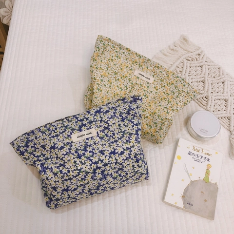 Floral Print Cosmetic Bag Cotton Canvas Large Capacity Travel Makeup Organizer Pouch Zipper Handheld Clutch Fresh Style