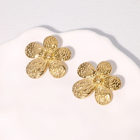 Flower Stud Earrings Stainless Steel Hammered Texture Elegant 18K Gold Plated Floral Ear Jewelry For Women