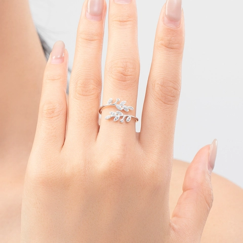 925 Sterling Zilveren Blad Ring Voor Dames Verstelbare Olijftak Cubic Zirconia Elegante Minimalistische Sieraden