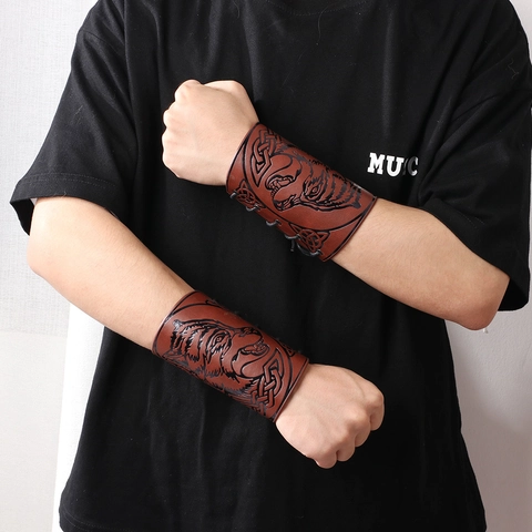 Viking PU Leather Bracers Medieval Retro Wolf Head Embossed Celtic Knot Pattern Lace Up Wristbands Cosplay Accessories