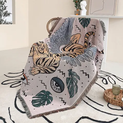 Coperta Di Cotone Bohemien Con Nappine Tigre Alata Occhio Jacquard Maglia Copridivano Campeggio Picnic Tappeto Arazzo Parete