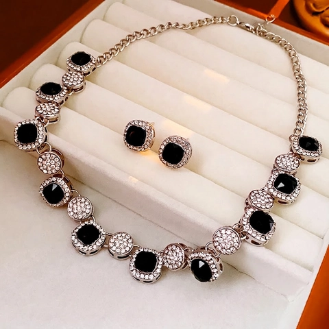 Luxury Square Black Rhinestone Necklace And Earrings With Silver Earring Post Retro Alloy Jewelry Women