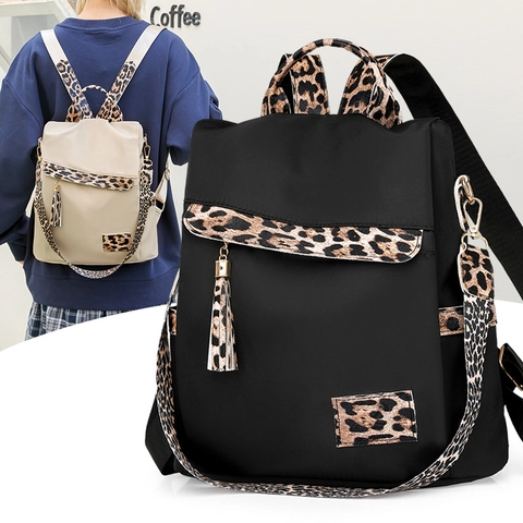 Mochila Moda Mujer Nailon Estampado Leopardo Patchwork Ligera Antirrobo Viaje Diario Informal Decoración Flecos