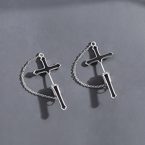 Cross Chain Stud Earrings With 925 Sterling Silver Earring Post Punk Gothic Hip Hop Jewelry For Men Women