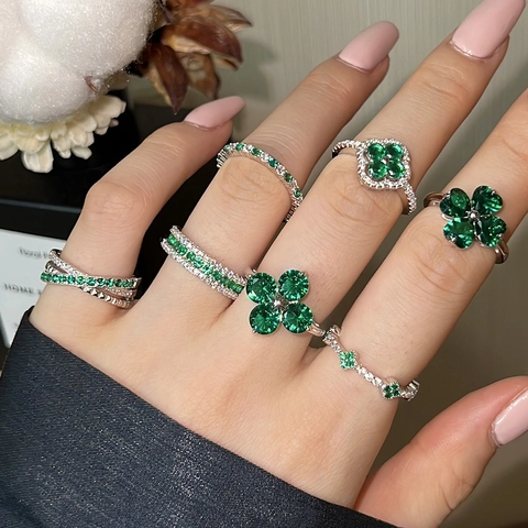 Anello In Argento Sterling 925 Vintage Zircone Verde Design Trifoglio Fedina Eternity Gioielli Impilabili Donna