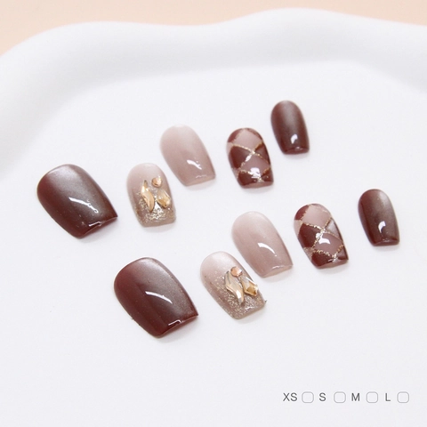 Press On Nails Katzenauge Textur Strass Inlay Glitzer Gittermuster Elegant Braun Nude Falsche Nägel Damen