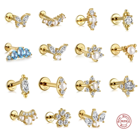 925 Sterling Zilveren Oorkraakbeen Stud Met Zirconia En Kunstparel Vlinder Bloem Platte Achterkant Schroef Labret Piercing Sieraden