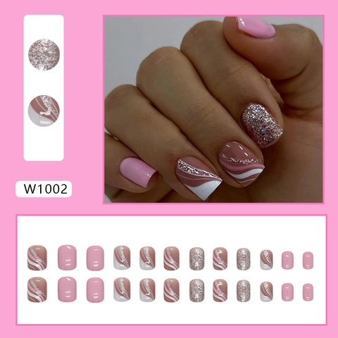 Uñas Postizas De Presión Estilo Francés Rosa Blanco Patrón De Ondas Brillo Dulce Decoración De Manicura Para Mujeres Niñas