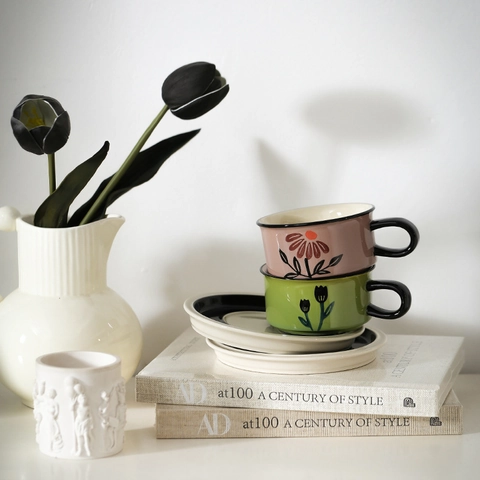 Vintage Ceramic Coffee Cup And Saucer Hand Painted Floral Nordic Style Porcelain Tea Mug For Home Office