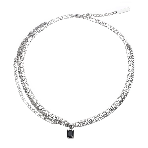 Layered Necklace Titanium Steel With Black Gemstone Mixed Chain Punk Streetwear Jewelry For Men Women