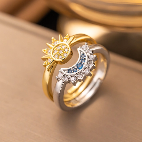 Sonne Mond Himmlische Verstellbare Offene Ringe Für Frauen Messing Gold Silber Plattiert Mit Buntem Zirkonia Schmuck