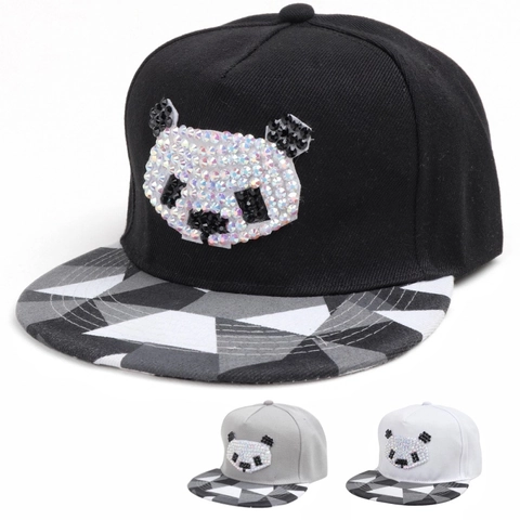 Cappello Snapback Acrilico Strass Panda Hip Hop Baseball Motivo Geometrico Tesa Piatta Regolabile Moda Streetwear