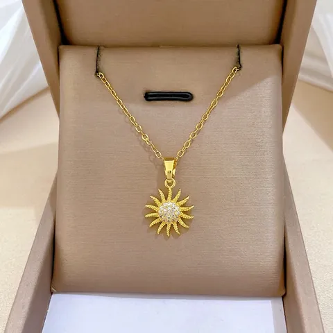 Collar Con Colgante De Sol Para Mujer Girasol Radiante Cadena De Acero Inoxidable Cobre Zirconia Joyería Elegante