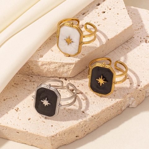 Stainless Steel Eight Pointed Star Enamel Adjustable Open Ring Vintage Octagram Niche Design Fashion Jewelry For Women