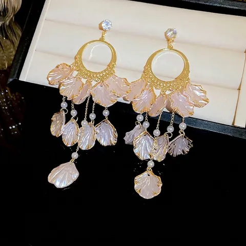 Boucles D'oreilles Pendantes À Franges Florales Avec Pétales Roses Zircon Künstliche Perles Et Tige En Argent Sterling 925 Élégant