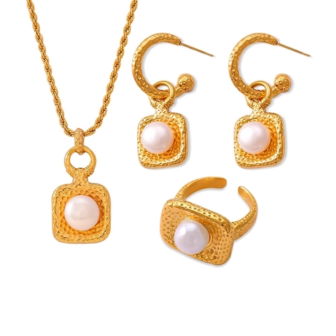 Gioielli in Acciaio Inossidabile con Perla d'Acqua Dolce Vintage Francese per Donna Eleganti Collana Orecchini Anello Placcati Oro Argento