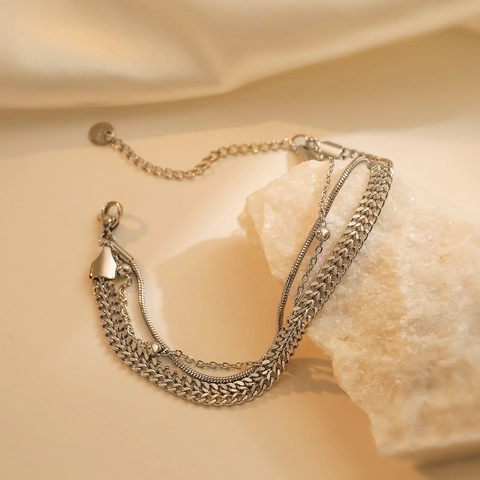 Layered Chain Bracelet Stainless Steel Multi Row Snake And Bead Chains Adjustable Lobster Clasp Vintage Minimalist Jewelry For Women