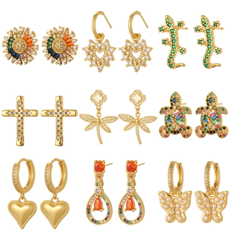 Mode Koper Zirconia Oorknopjes Voor Vrouwen Verguld Vlinder Hart Kruis Libel Dierenvorm Glimmende Sieraden Accessoires