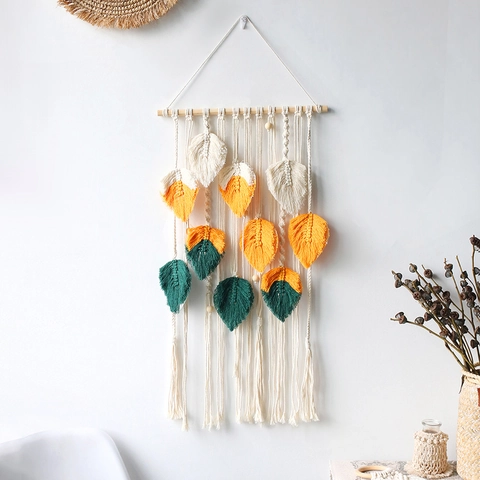Arazzo Da Parete In Macramè Corda Di Cotone Intrecciata Foglia Piuma Boho Home Decor Perlina In Legno Nappa
