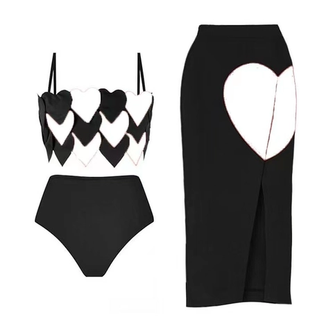 Heart Shaped Scale Bikini Top High Waist Bottoms And Side Slit Skirt Contrast Color Sexy Beachwear Swimsuit For Women