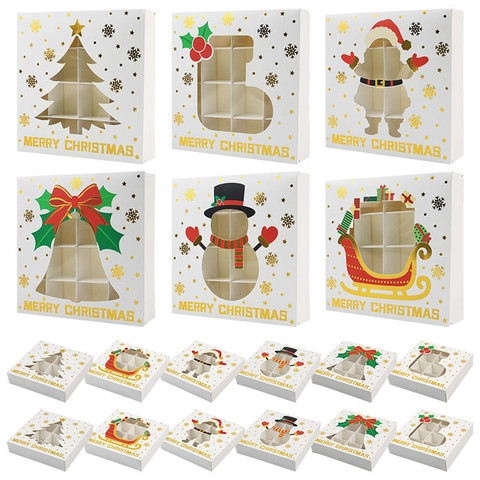 Christmas Chocolate Gift Box White Cardboard With Window Golden Foiling Holiday Pastry Candy Packaging Square Foldable Design