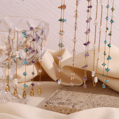 Stainless Steel Natural Stone Artificial Pearl Necklace Bracelet Gold Plated Bohemian Crushed Stone Chain For Women Jewelry